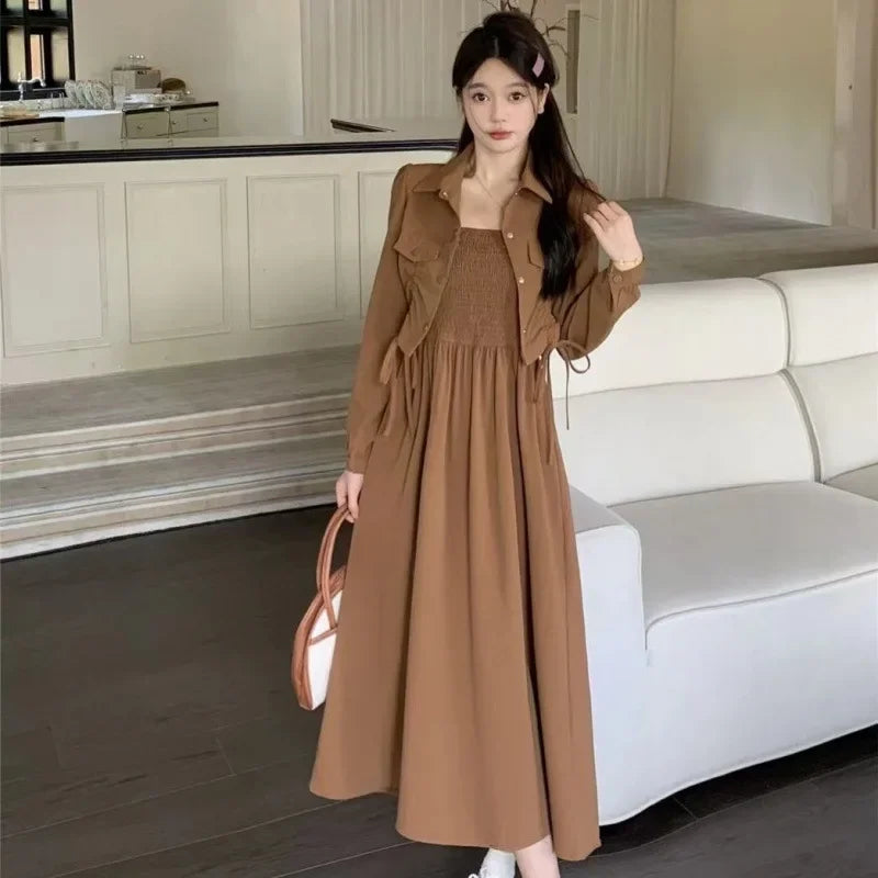 Black camisole dress outer wear cardigan autumn wear temperament dress plump girls covering belly thin long dress