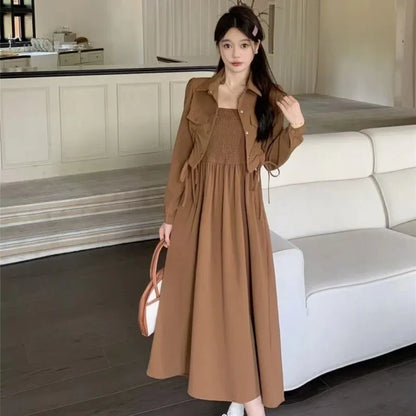 Black camisole dress outer wear cardigan autumn wear temperament dress plump girls covering belly thin long dress