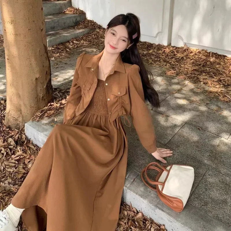 Black camisole dress outer wear cardigan autumn wear temperament dress plump girls covering belly thin long dress