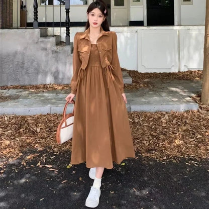 Black camisole dress outer wear cardigan autumn wear temperament dress plump girls covering belly thin long dress