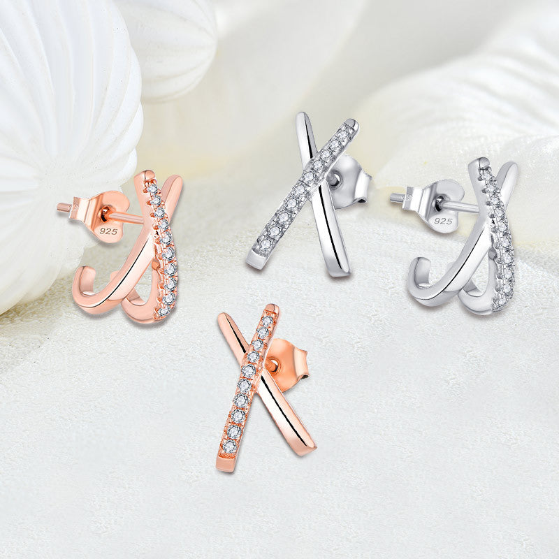 Geometric cross X Zircon stud earrings s925 silver plating rose gold earrings earrings women's foreign trade cross-border jewelry silver accessories