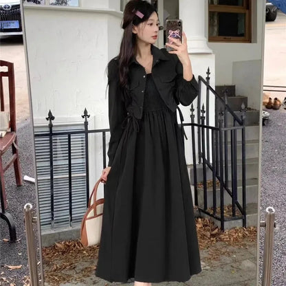 Black camisole dress outer wear cardigan autumn wear temperament dress plump girls covering belly thin long dress