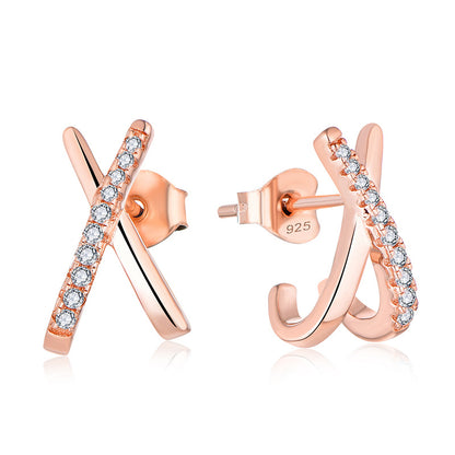 Geometric cross X Zircon stud earrings s925 silver plating rose gold earrings earrings women's foreign trade cross-border jewelry silver accessories