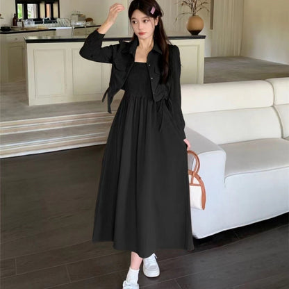 Black camisole dress outer wear cardigan autumn wear temperament dress plump girls covering belly thin long dress