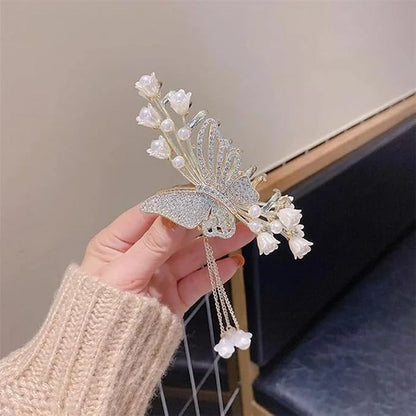 Beauty Korean 1pcs Stone Studded Pearl Butterfly Fancy Hair Claw Clip Clutcher Strong Hold Non-Slip Hair Claw Clip Clutcher Perfect Party Bridal Hair Catcher Golden Stone Studded (Pack of 1)