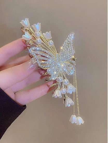Beauty Korean 1pcs Stone Studded Pearl Butterfly Fancy Hair Claw Clip Clutcher Strong Hold Non-Slip Hair Claw Clip Clutcher Perfect Party Bridal Hair Catcher Golden Stone Studded (Pack of 1)